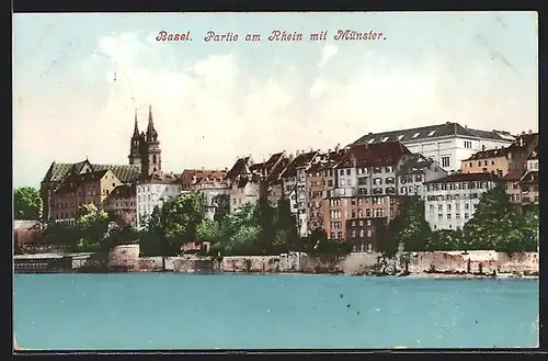 AK Basel, Rheinpartie mit Münster