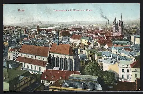 AK Basel, Totalansicht mit Münster und Rhein
