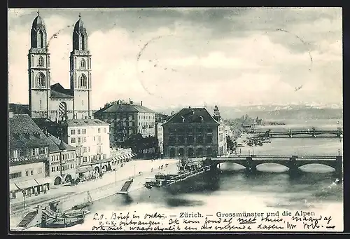 AK Zürich, Grossmünster und die Alpen