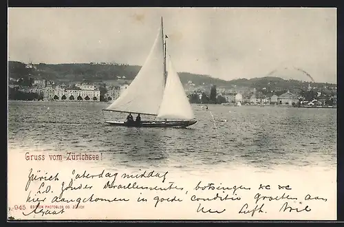 AK Zürich, Panorama, Segelboot auf dem Zürichsee