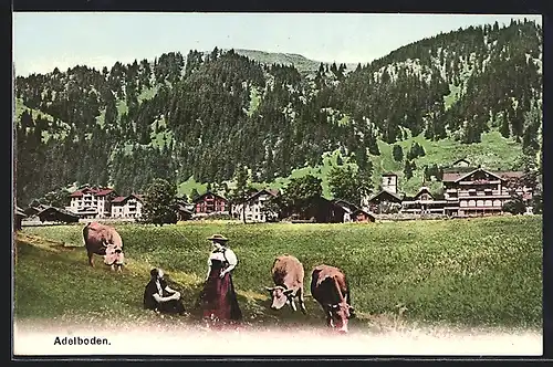 AK Adelboden, Ortspartie mit Kühen auf der Weide