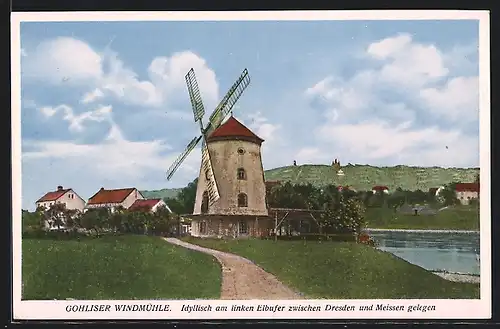 AK Gohlis / Dresden, Gohliser Windmühle am Elbufer