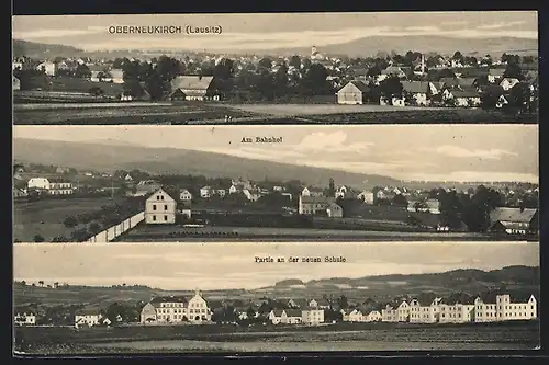 AK Oberneukirch / Lausitz, Teilansichten mit Bahnhof und neuer Schule