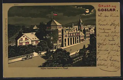 Lithographie Goslar, Hotel Achtermann und Post