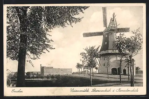 AK Emden, Weizenmühle, Schwanenteich und Herrentorschule