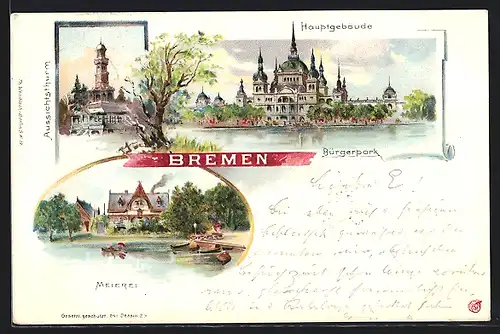 Lithographie Bremen, Cafe Meierei, Hauptgebäude im Bürgerpark