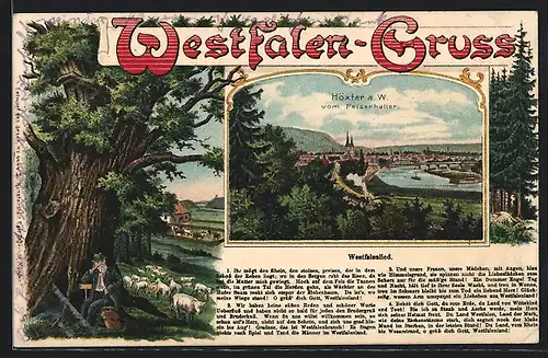 Passepartout-Lithographie Höxter a. W., Westfalenlied, mit Kirche und Brücke, vom Felsenkeller