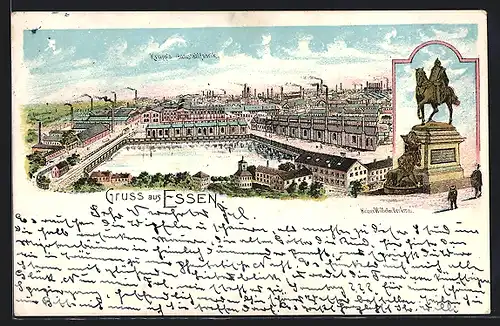 Lithographie Essen, Kaiser Wilhelm-Denkmal, Krupp's Gussstahlfabrik