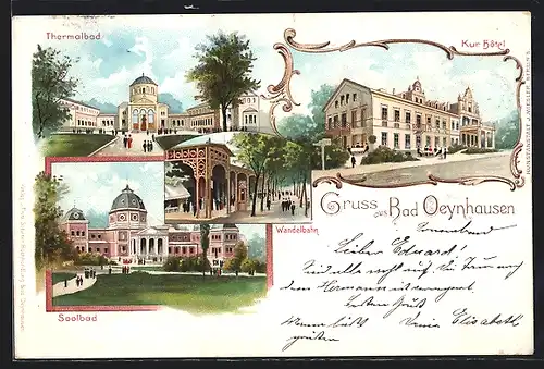 Lithographie Bad Oeynhausen, Thermalbad, Wandelbahn und Kur Hotel