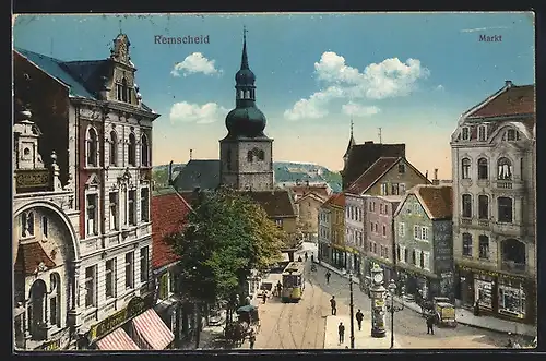 AK Remscheid, Markt mit Strassenbahn aus der Vogelschau