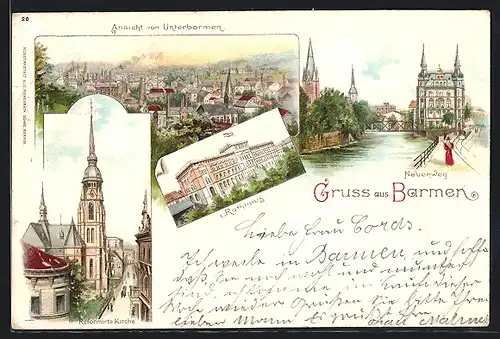 Lithographie Barmen, Ansicht von Unterbarmen, Neuenweg, Rathaus und reformierte Kirche