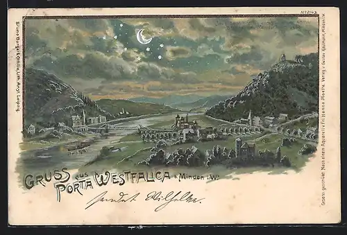 Mondschein-Lithographie Porta Westfalica, Gesamtansicht