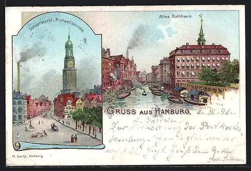 Lithographie Hamburg-Neustadt, Schaarmarkt mit Michaeliskirche, Altes Rathaus mit Kanal