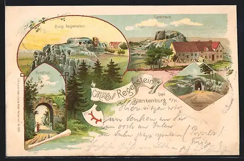 Lithographie Blankenburg, Burgthor, Burg Regenstein, Raubgrafentunnel