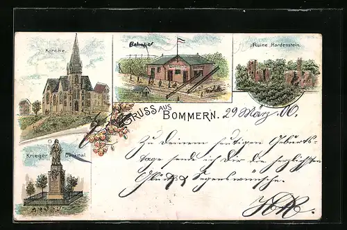 Lithographie Bommern, Bahnhof, Kirche, Kriegerdenkmal, Ruine Hardenstein