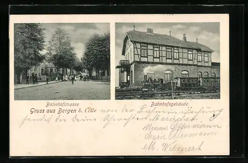 AK Bergen bei Celle, Bahnhofstrasse mit Passanten und Bahnhofsgebäude mit fahrendem Zug