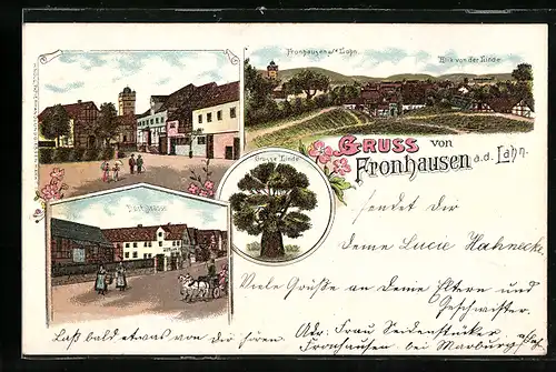 Lithographie Fronhausen a. d. Lahn, Dorfstrasse, Grosse Linde, Ortsansicht