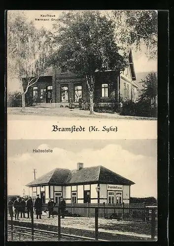 AK Bramstedt /Kr. Syke, Bahnhof von der Gleisseite, Kaufhaus von Hermann Grupe