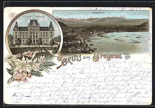 Lithographie Bregenz a. B., Totalansicht aus der Ferne, K.k. Postgebäude