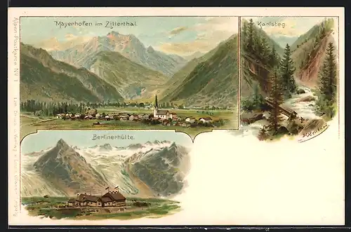 Künstler-AK sign. H. Heerbriex: Mayrhofen im Zillerthal, Hotel Berlinerhütte, Karlsteg, Teilansicht