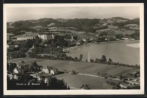 AK Grein a. d. Donau, Totalansicht von einem Berg aus