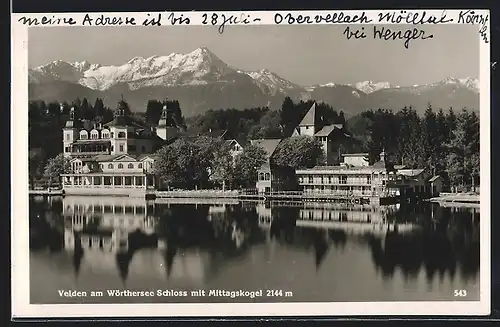 AK Velden, Schloss mit Mittagskogel vom Wörthersee aus