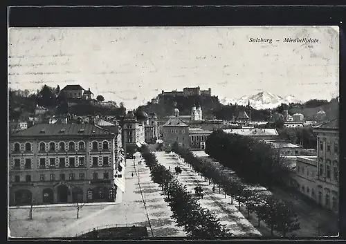 AK Salzburg, Mirabellplatz aus der Vogelschau