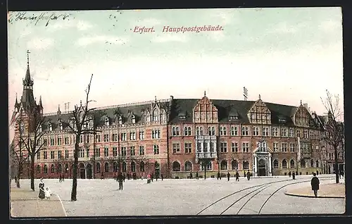 AK Erfurt, Hauptpostgebäude mit Passanten