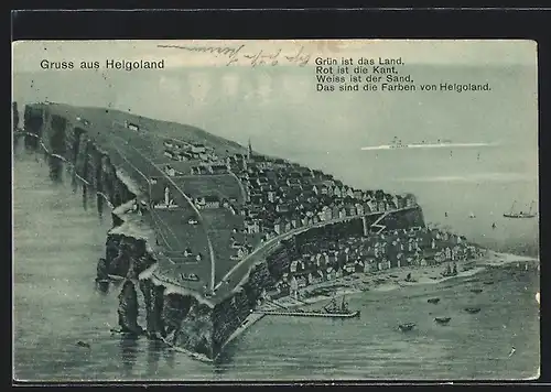 AK Helgoland, Die Insel aus der Vogelschau mit Spruch