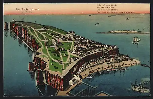 AK Helgoland, Die Insel aus der Vogelschau mit Spruch
