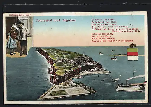 Künstler-AK Helgoland, Helgoland aus der Vogelschau, Kinder in Helgoländer Tracht