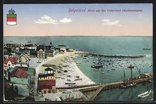 AK Helgoland, Blick auf das Unterland mit den Hafenanlagen, Wappen, Boote