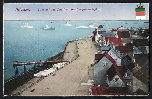 AK Helgoland, Blick auf das Unterland u. Dampferlandeplatz, Wappen