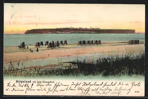 Künstler-AK Helgoland, Blick von den Dünen auf Damenbad und Insel