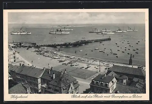 AK Helgoland, Blick auf die Reede mit Dampfer und Düne