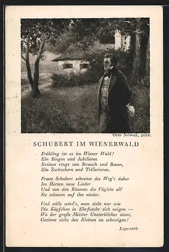 Künstler-AK Franz Schubert im Wienerwald mit Gedicht von Legwarth