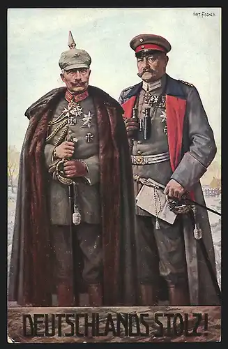 Künstler-AK Kaiser Wilhelm II. in Uniform und mit Schwert mit General, Deutschlands Stolz!