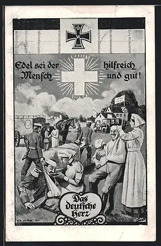 Künstler-AK Krankenschwestern und Feldsanitäter versorgen Verwundete, Rotes Kreuz