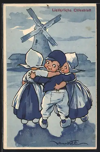 Künstler-AK Castelli: Liederliches Chleeblatt, Kleiner Holländer mit zwei Mädchen im Arm