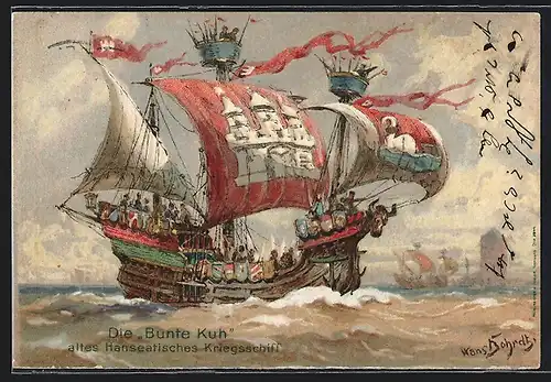 Künstler-AK Hans Bohrdt: Altes hanseatisches Kriegsschiff Bunte Kuh
