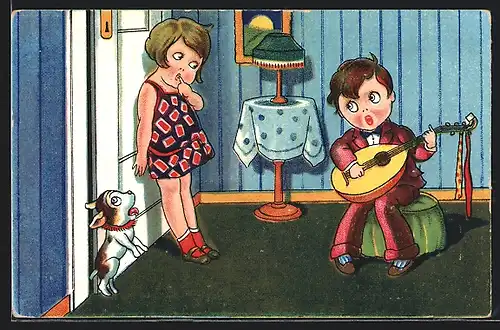 AK Junge spielt auf der Laute, Mädchen und Hund stehen an der Hut
