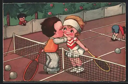 Künstler-AK Margret Boriss: Paar umarmt sich nach einem Tennisspiel