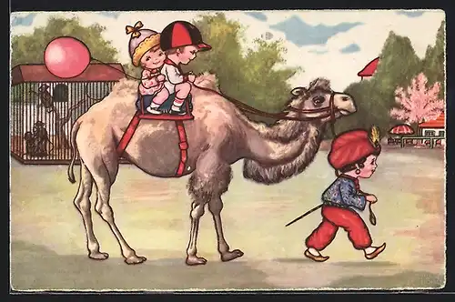 Künstler-AK Kinder reiten ein Kamel im Zoo