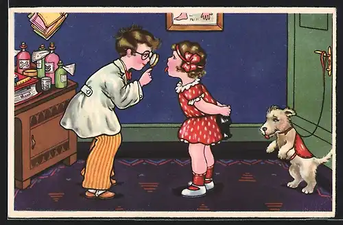 Künstler-AK Margret Boriss: Arzt schaut sich mit einer Lupe die Zunge eines Mädchens an, Hund mit Leine an der Tür