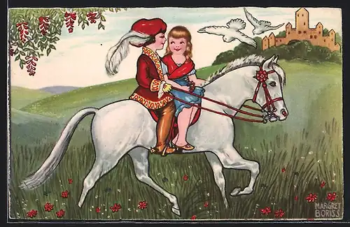 Künstler-AK Margret Boriss: Aschenputtel mit Prinz auf dem Pferd