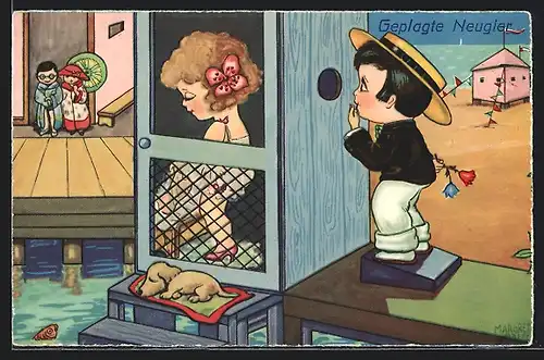 Künstler-AK Margret Boriss: Junge beobachtet Mädchen in Umkleidekabine am Strand, Voyeur