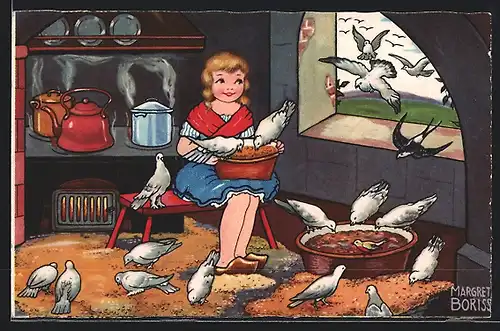 Künstler-AK Margret Boriss: Aschenputtel mit den Tauben