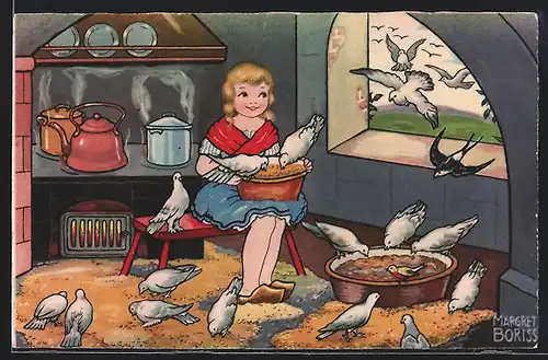 Künstler-AK Margret Boriss: Aschenputtel mit den Tauben
