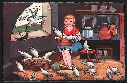 Künstler-AK Margret Boriss: Aschenputtel mit den Tauben