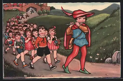AK Der Rattenfänger von Hameln, Kinder folgen dem Flötenspieler
